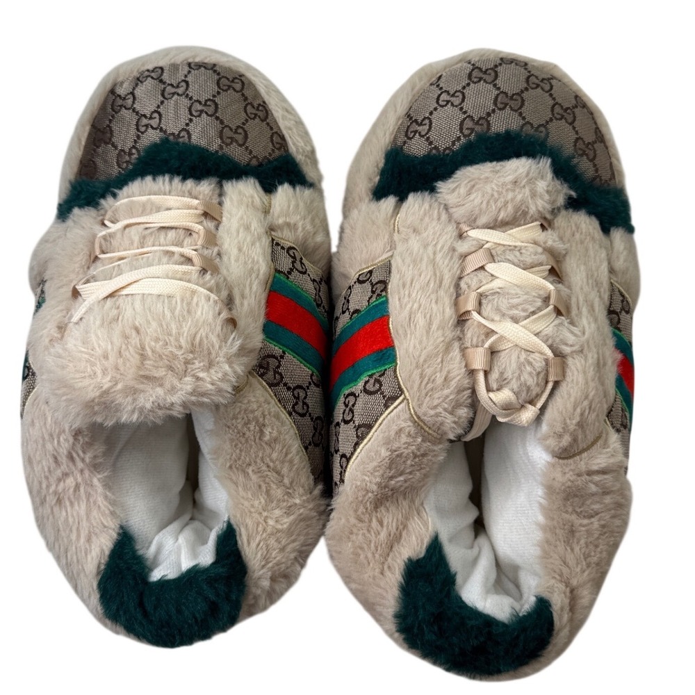 Unbranded Monogram Web Stripe Plush Sneaker Slippers Tan Green Red House Shoes